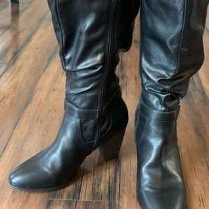 Slouch, heeled, black buckled boots! Size 10.